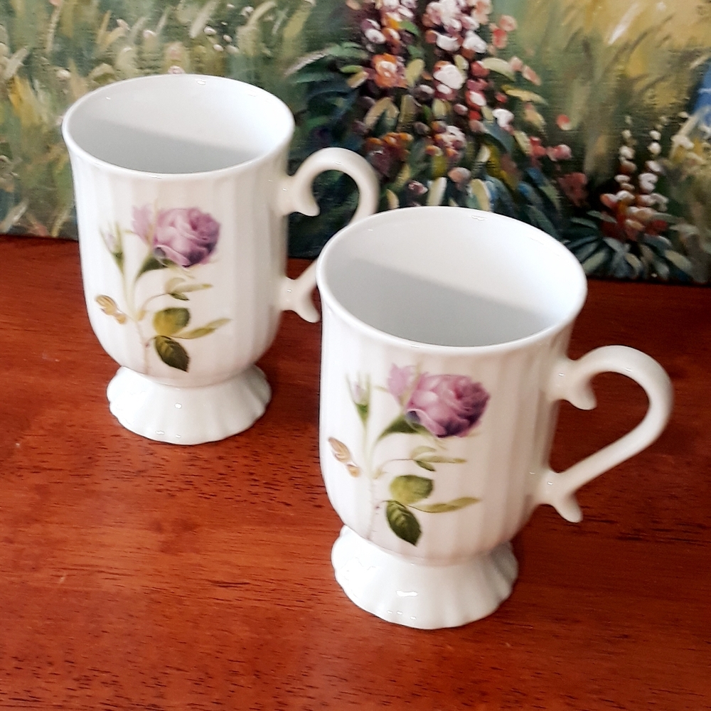 Vintage Lavender Rose Porcelain Pedastal Mugs